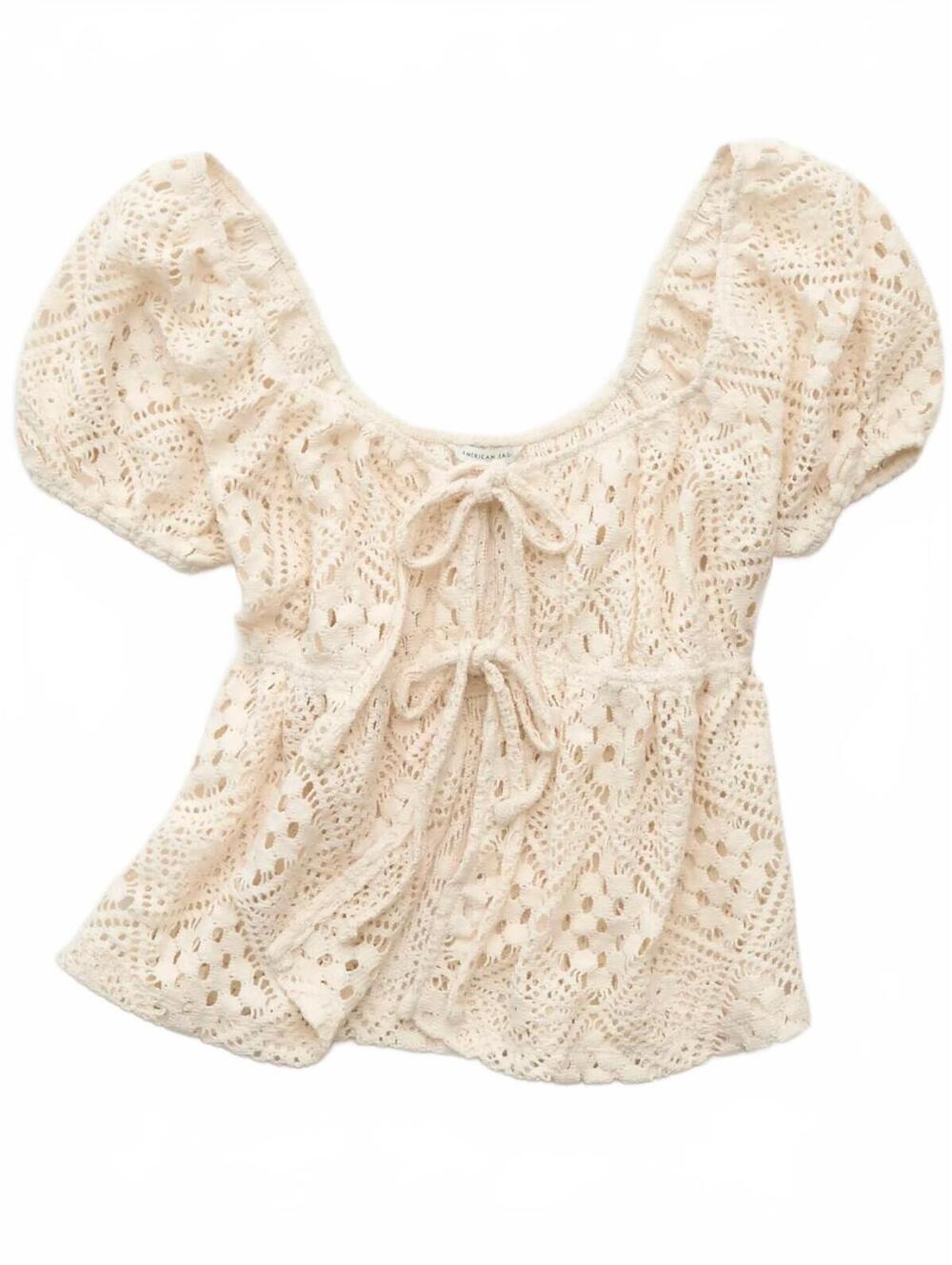 AE Lace Tie-Front Puff Sleeve Tee American Eagle NWT Cream Large - Picture 3 of 7